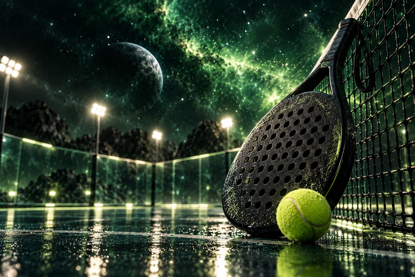 Raket dan bola padel di sisi net